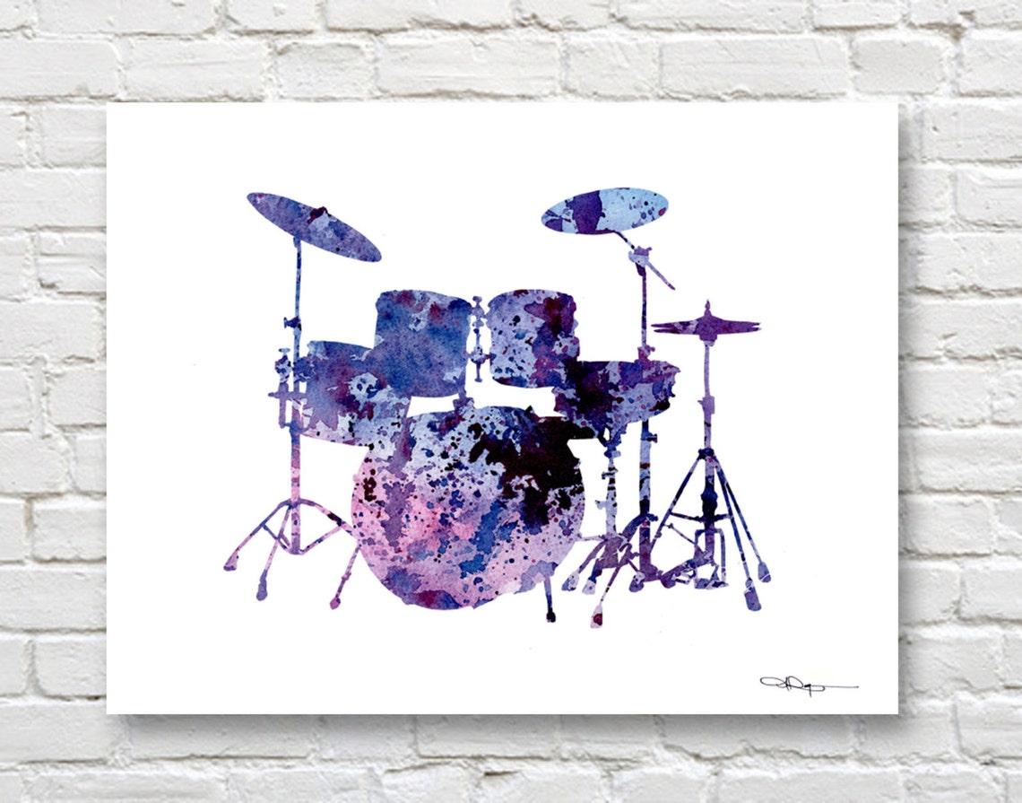 Purple and Blue Watercolor Drum Kit Music Room Decor Art Print