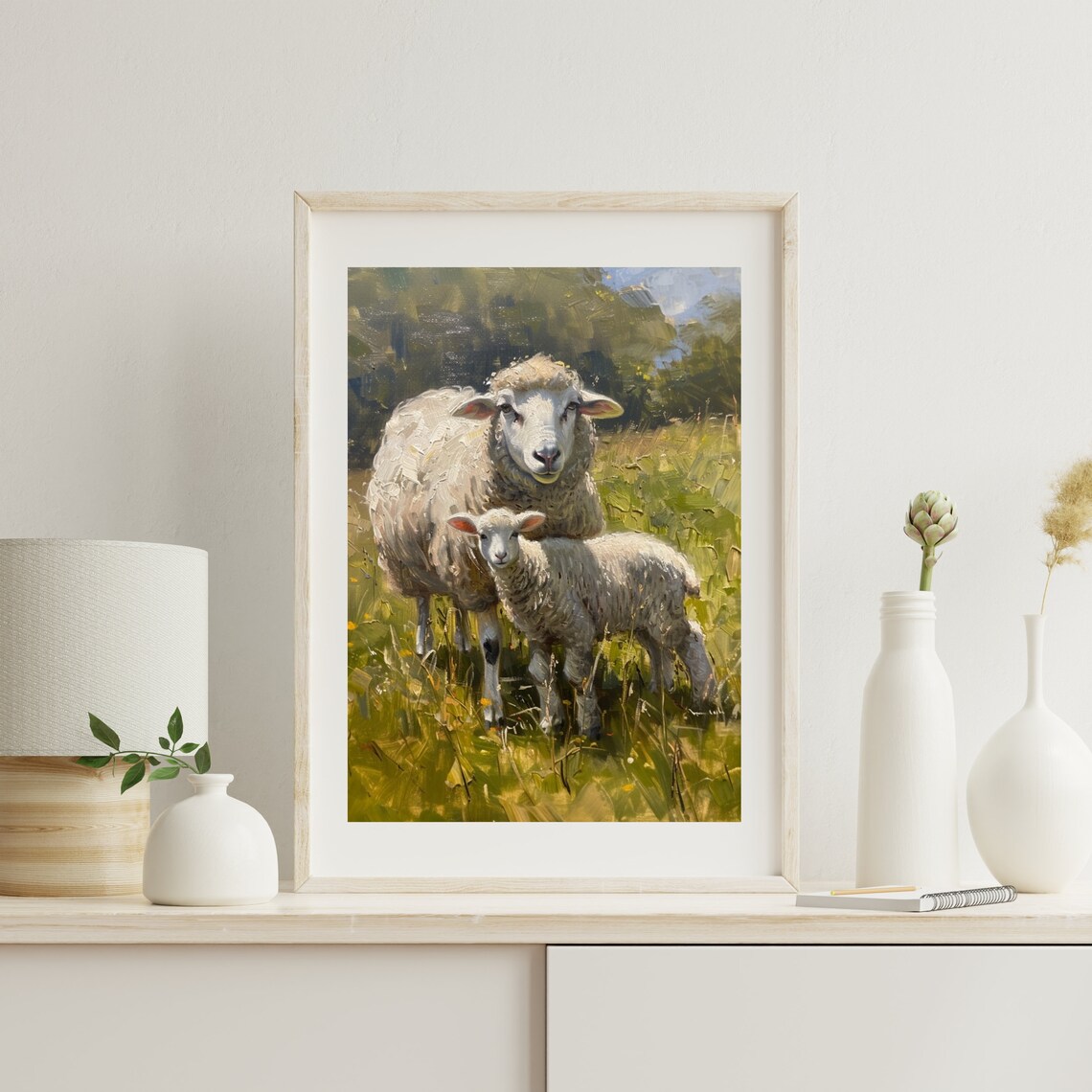 Sweet Ewe And Lamb Sheep Oil Painting Pasture Farm Animal Poster - Image 2
