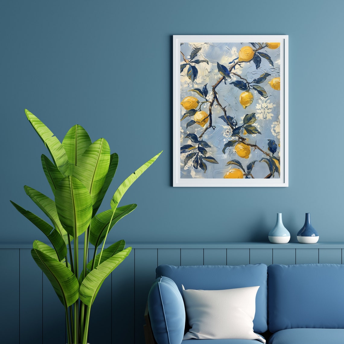 Yellow Lemon Branch with Blue Leaves Textured Oil Painting Poster - Image 4