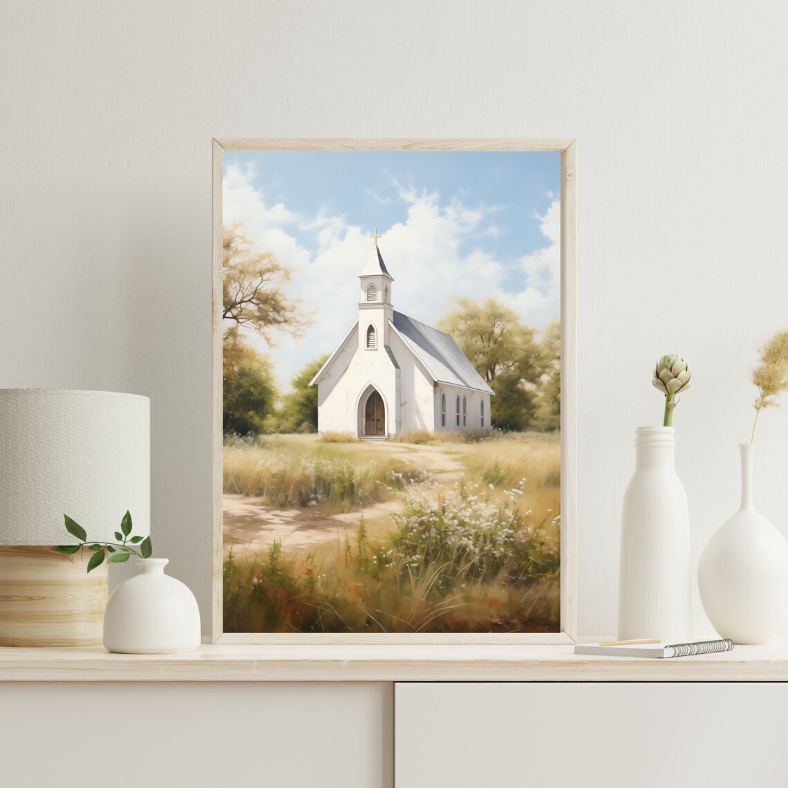 Vintage Old Church Print Spring Landscape Oil Painting Farmhouse Decor Living Room Wall Art Country Scenery 496 - Image 3
