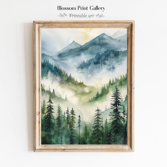 Dark Forest Watercolor Landscape Vintage Moody Mountain Art Print Rustic Muted Landscape Poster Cabin Decor 629
