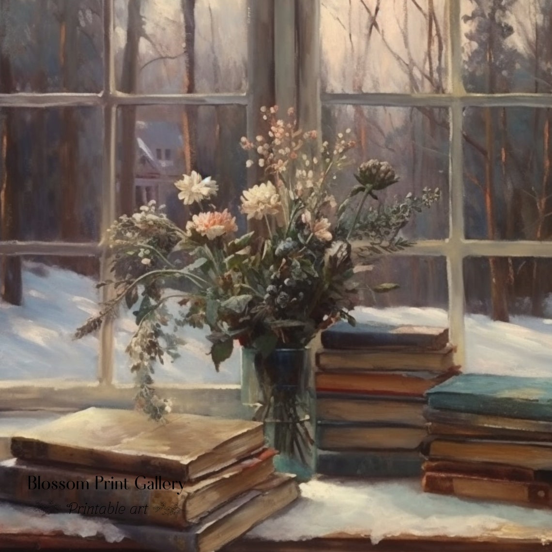 Winter Window Scene with Books and Flowers Cozy Still Life Poster - Image 4