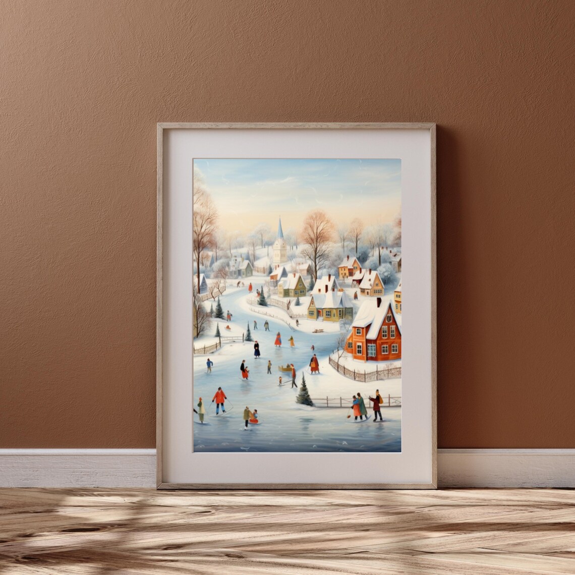 Winter Village Frozen Pond Ice Skaters Snowy Church Folk Art Poster - Image 5