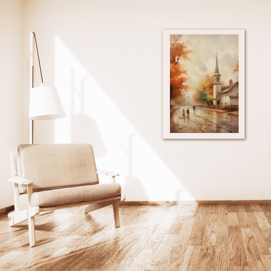 Autumn Village Street with Church in Rain Vintage Painting Poster - Image 4