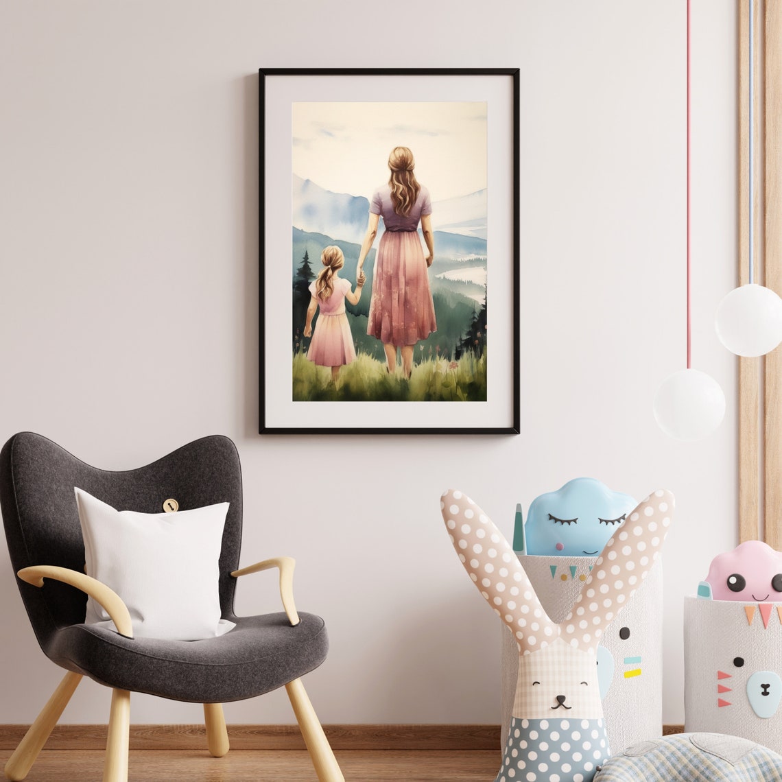 Mother and Daughter Overlooking Mountains Watercolor Painting Poster - Image 6
