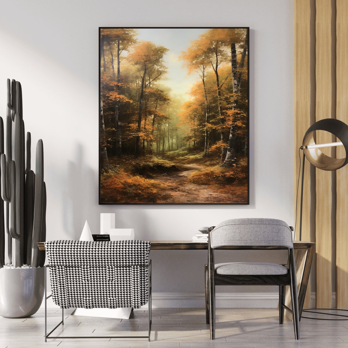 Golden Autumn Forest Path in a Moody Fall Woodland Scene Wall Art - Image 5