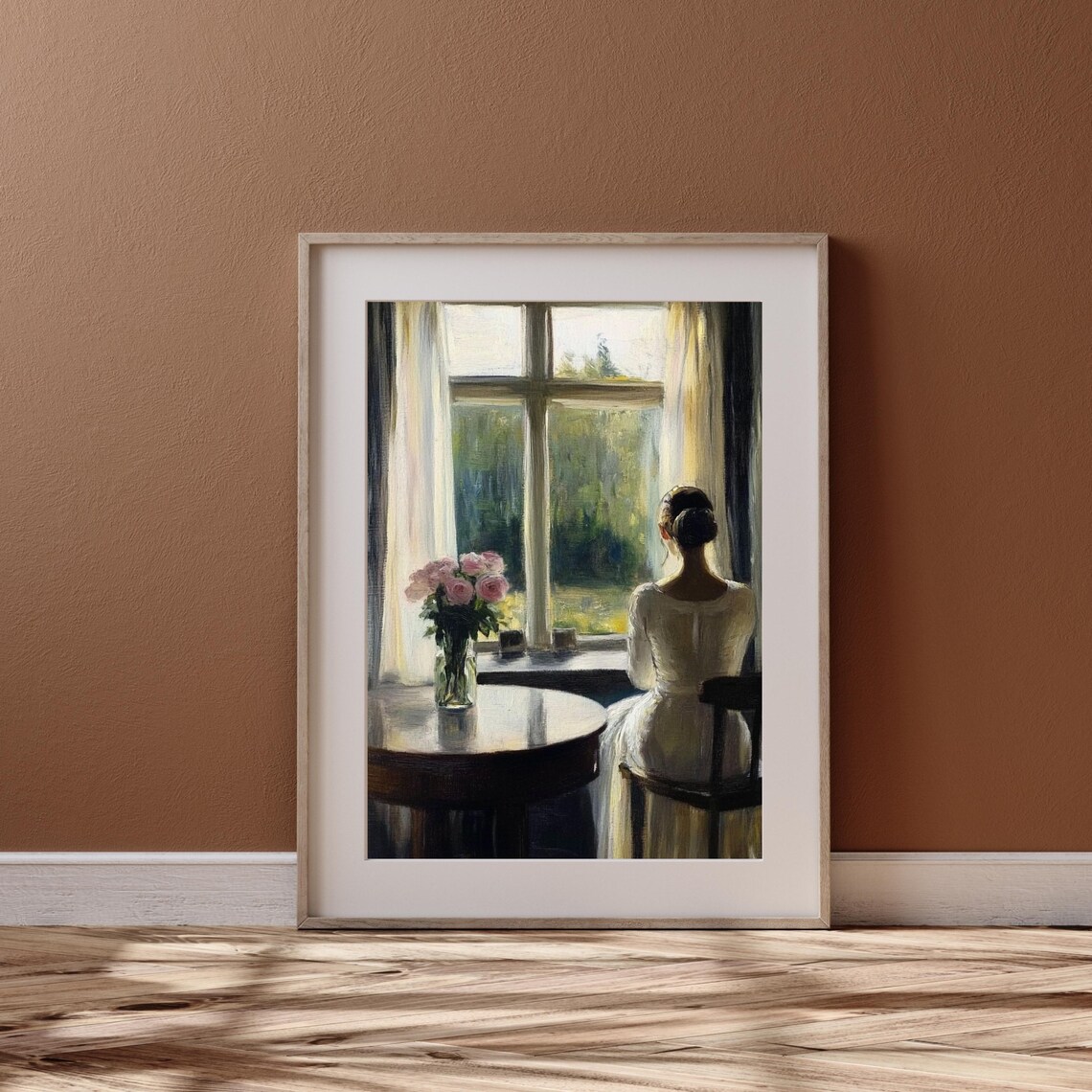 Woman By Window Pink Roses Sunlit Garden Vintage Painting Poster - Image 5