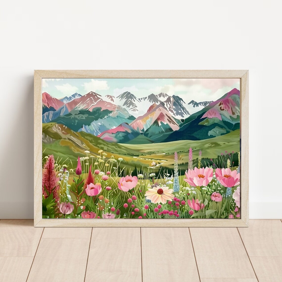 Pink Wildflower Meadow with Colorful Mountain Peaks Art Poster - Image 4