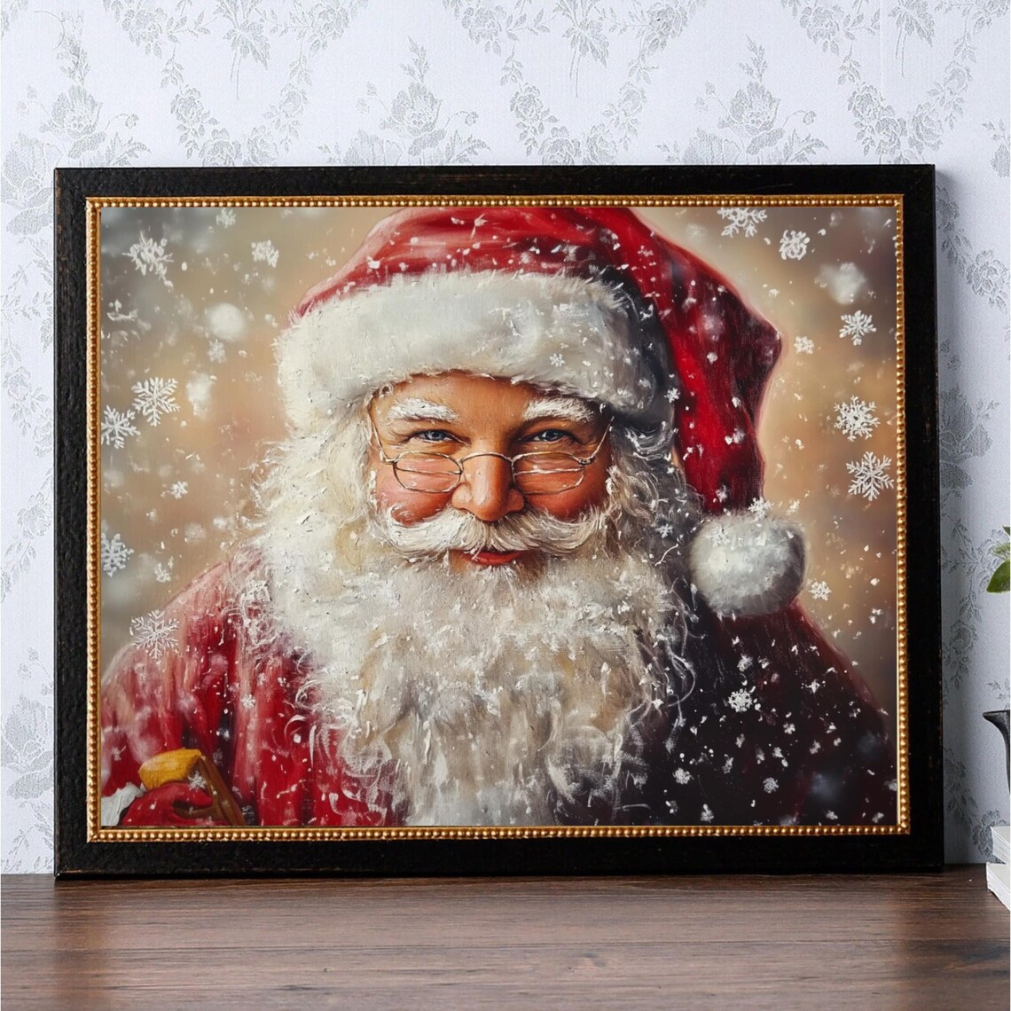Vintage Santa Claus Portrait With Snowflakes Red Suit Christmas Poster - Image 2