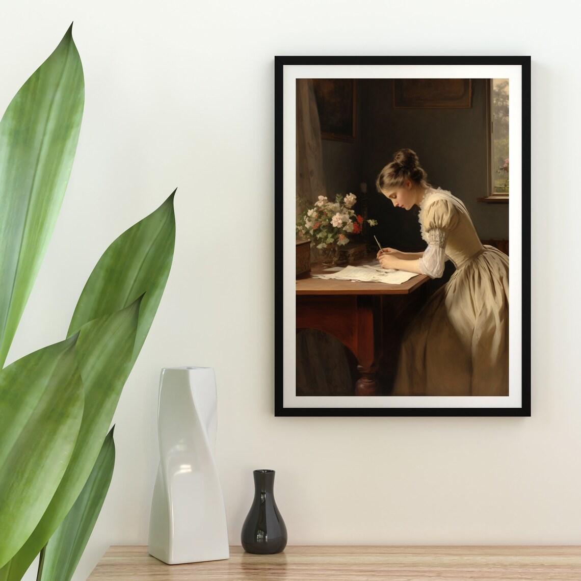 Vintage Woman Writing Letter at Desk by Window Antique Oil Painting Poster - Image 4