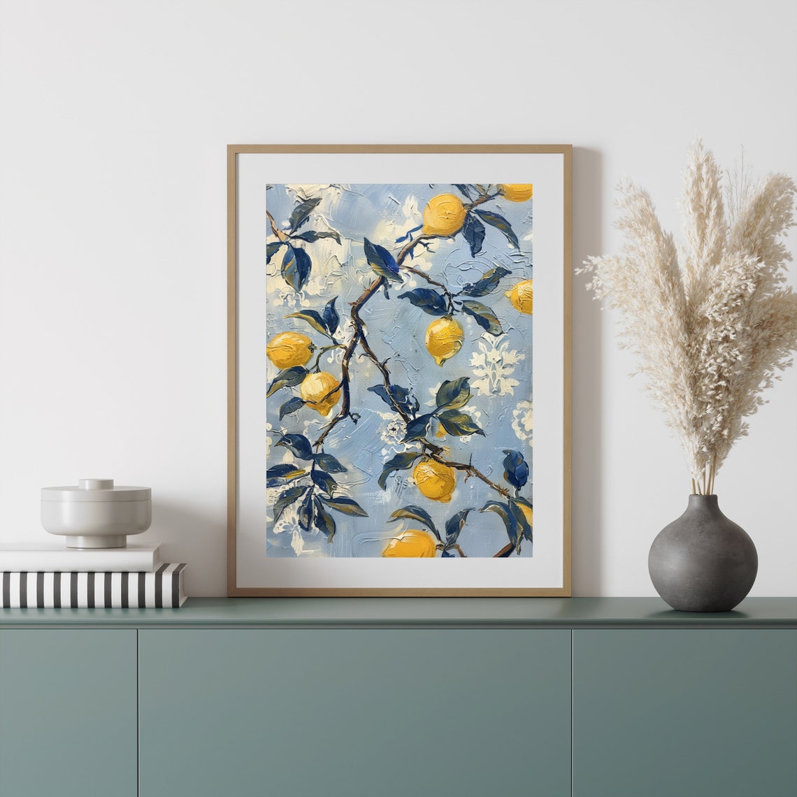 Yellow Lemon Branch with Blue Leaves Textured Oil Painting Poster - Image 2