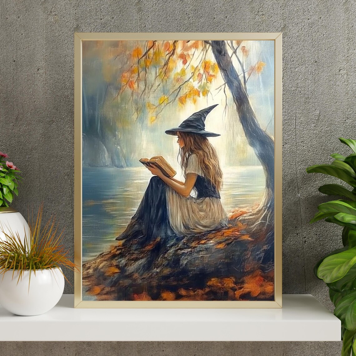 Witch Reading Book By Autumn Lake Vintage Halloween Cottagecore Art Print - Image 5