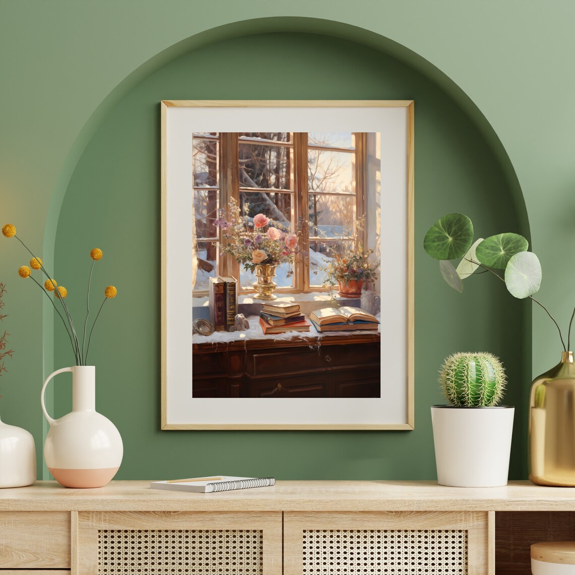 Winter Window Still Life With Books And Flowers Snowy Scene Poster - Image 5