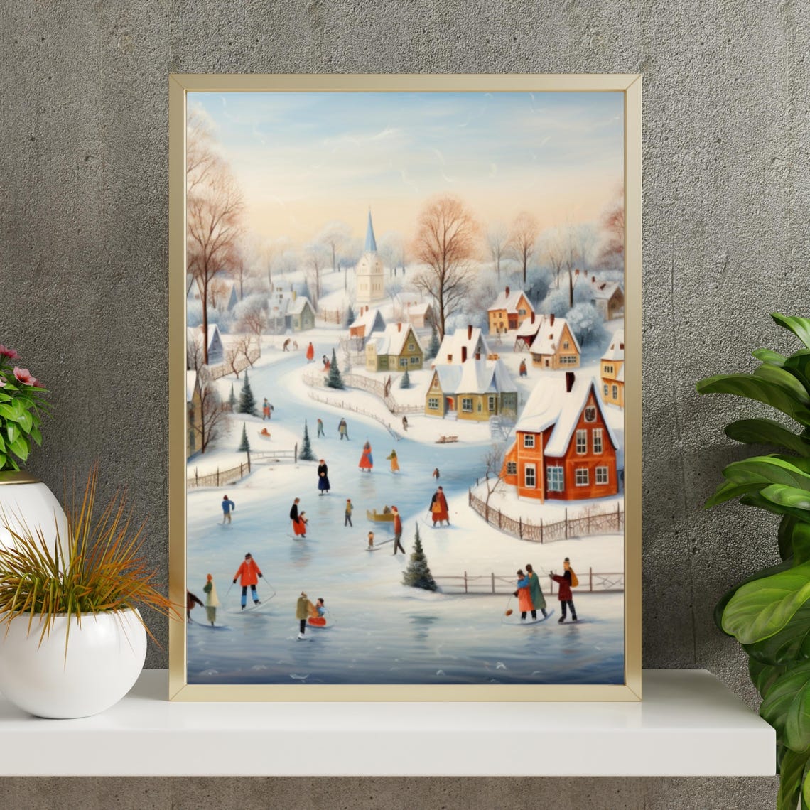 Winter Village Frozen Pond Ice Skaters Snowy Church Folk Art Poster - Image 6