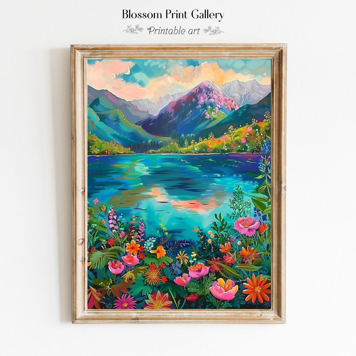 Colorful Mountain Lake With Wildflowers In Impressionist Style Print