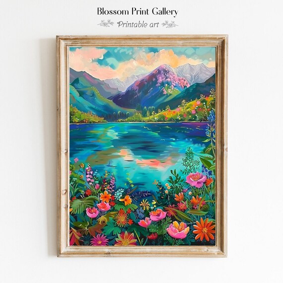 Colorful Mountain Lake With Wildflowers In Impressionist Style Print