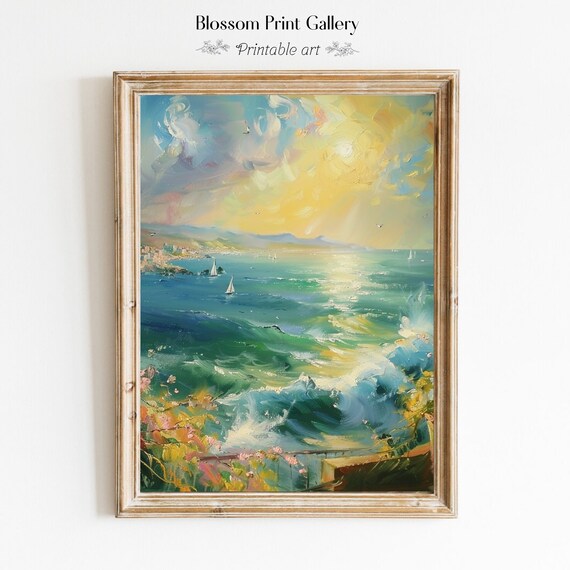 Sunlit Seascape with Sailboats Mediterranean Coastal Oil Painting Poster