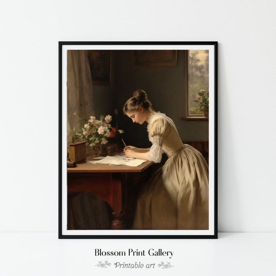 Antique Portrait Woman Writing Painting Bedroom Wall Art Still Life Decor Vintage Print Dark Academia Moody Wall Art 454