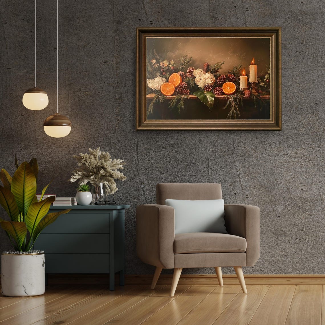Holiday Oranges Pinecones Candles Festive Still Life Painting Poster - Image 6