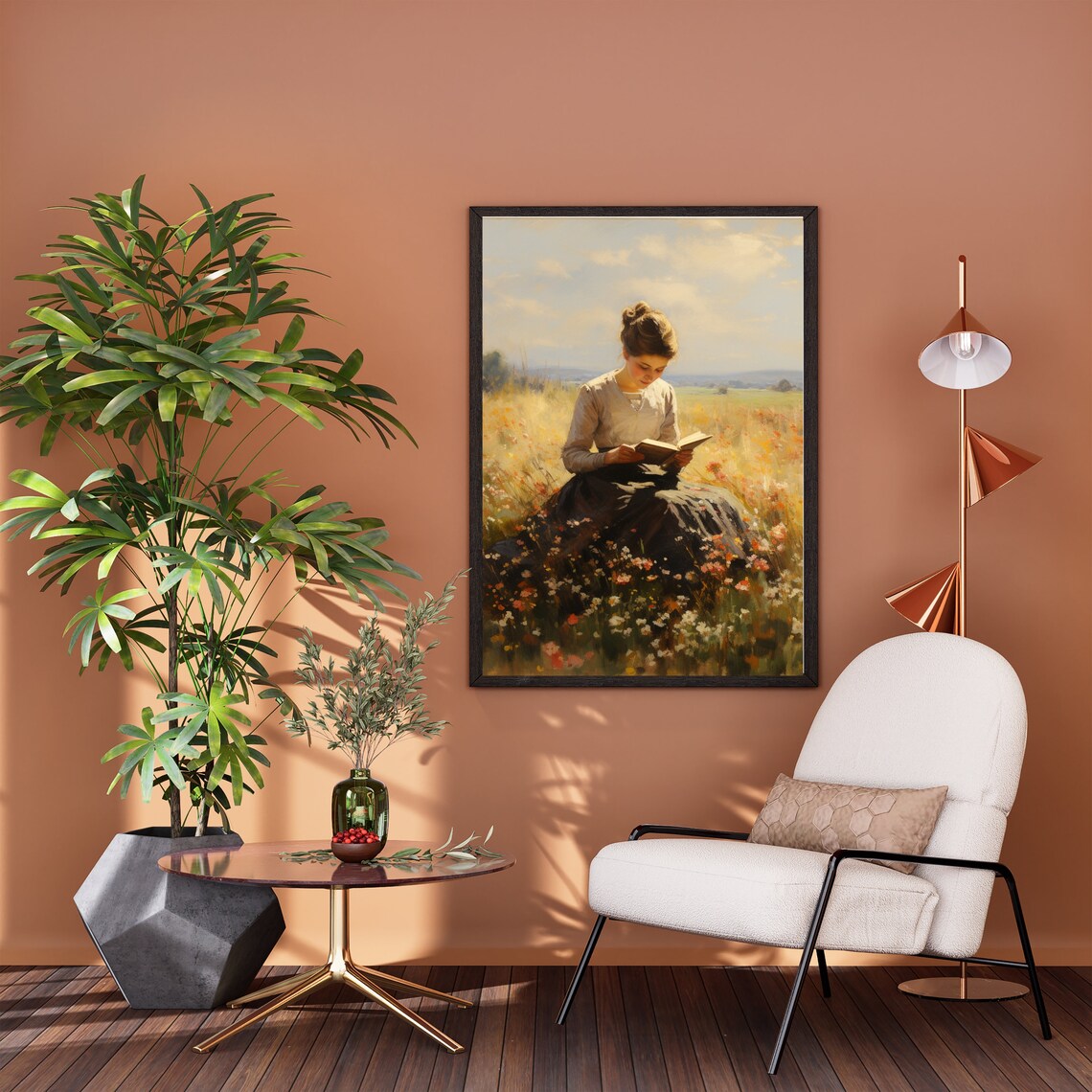 Vintage Woman Reading Book In Wildflower Field Sunny Oil Painting Poster - Image 2