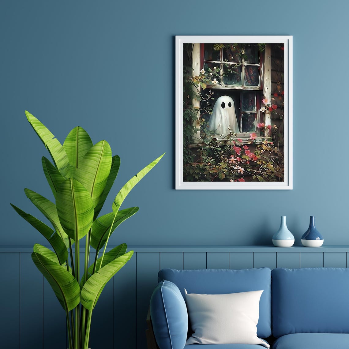 Cute Ghost Peeking Vintage Window Flower Garden Halloween Poster - Image 6