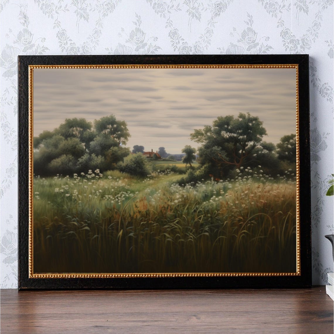 Green Meadow with Trees and Distant House Landscape Painting Poster - Image 2