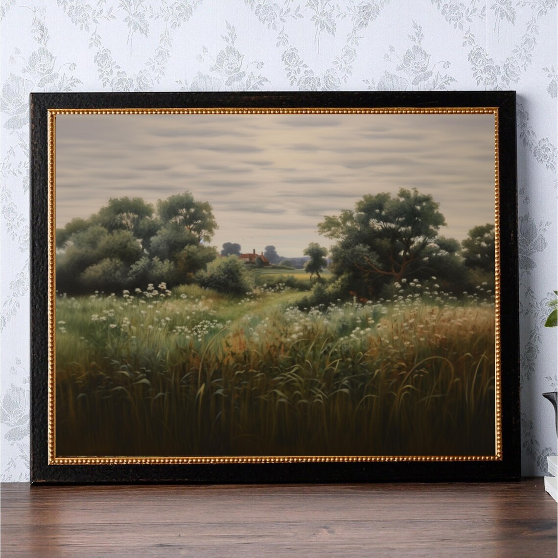 Moody Landscape Oil Painting Dark Pastoral Landscape Print Antique Scenery Home Decor Vintage Wildflower Painting 731 - Image 2
