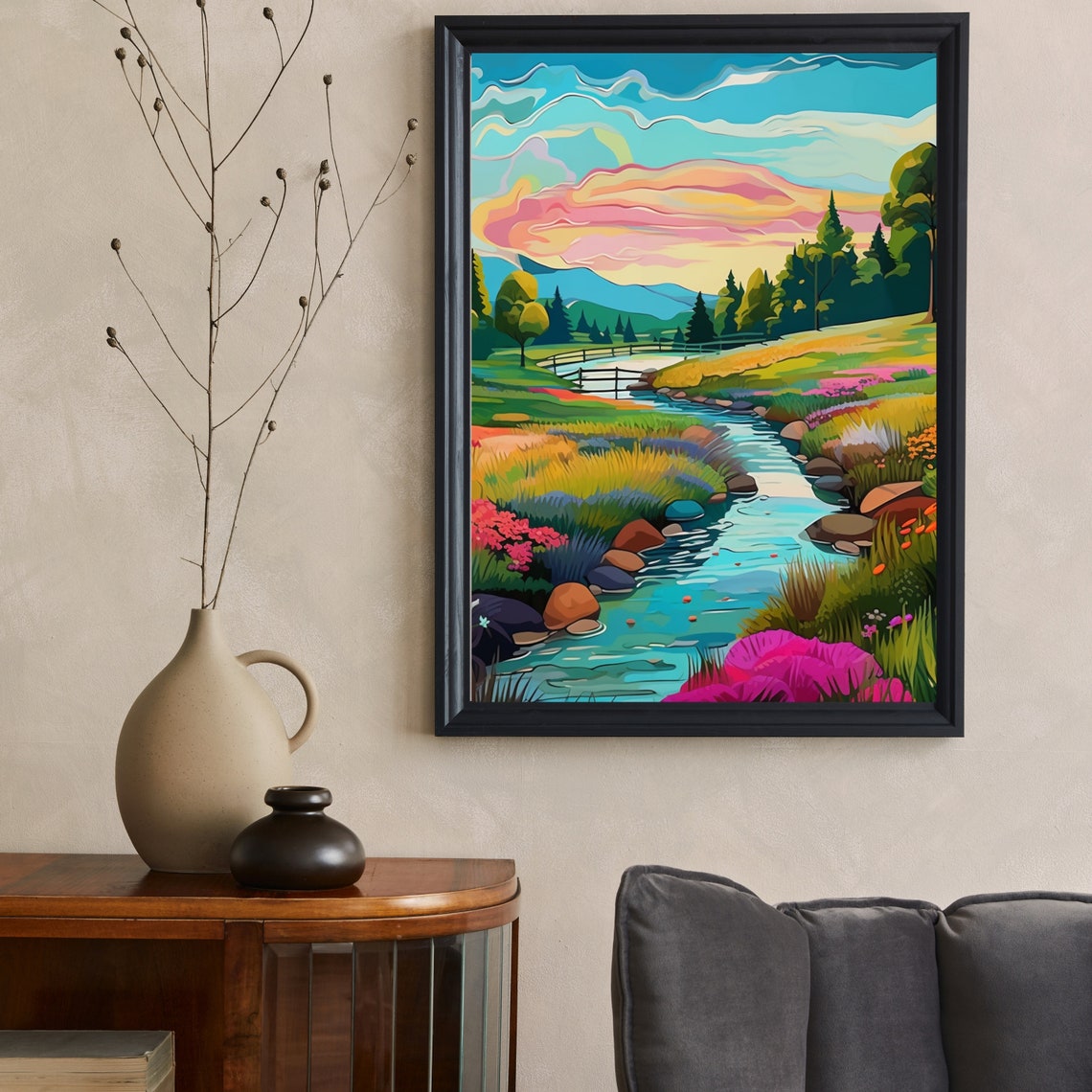 Colorful Sunset Stream Whimsical Forest River Landscape Poster - Image 6