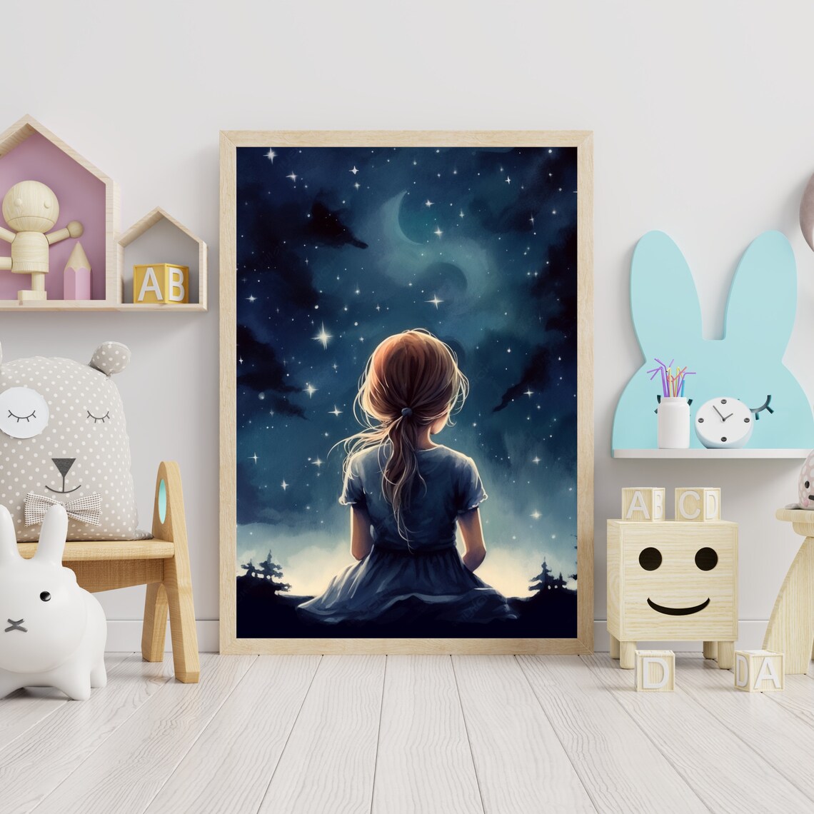 Star Gazing Girl Girls Room Wall Art Aesthetic Night Bright Sky Art Moody Decor Vintage Nursery Wall Art 299 - Image 6