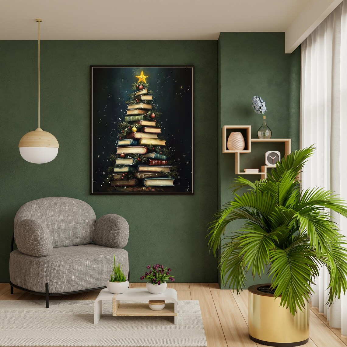 Vintage Stacked Books Christmas Tree Star Book Lover Holiday Poster - Image 6