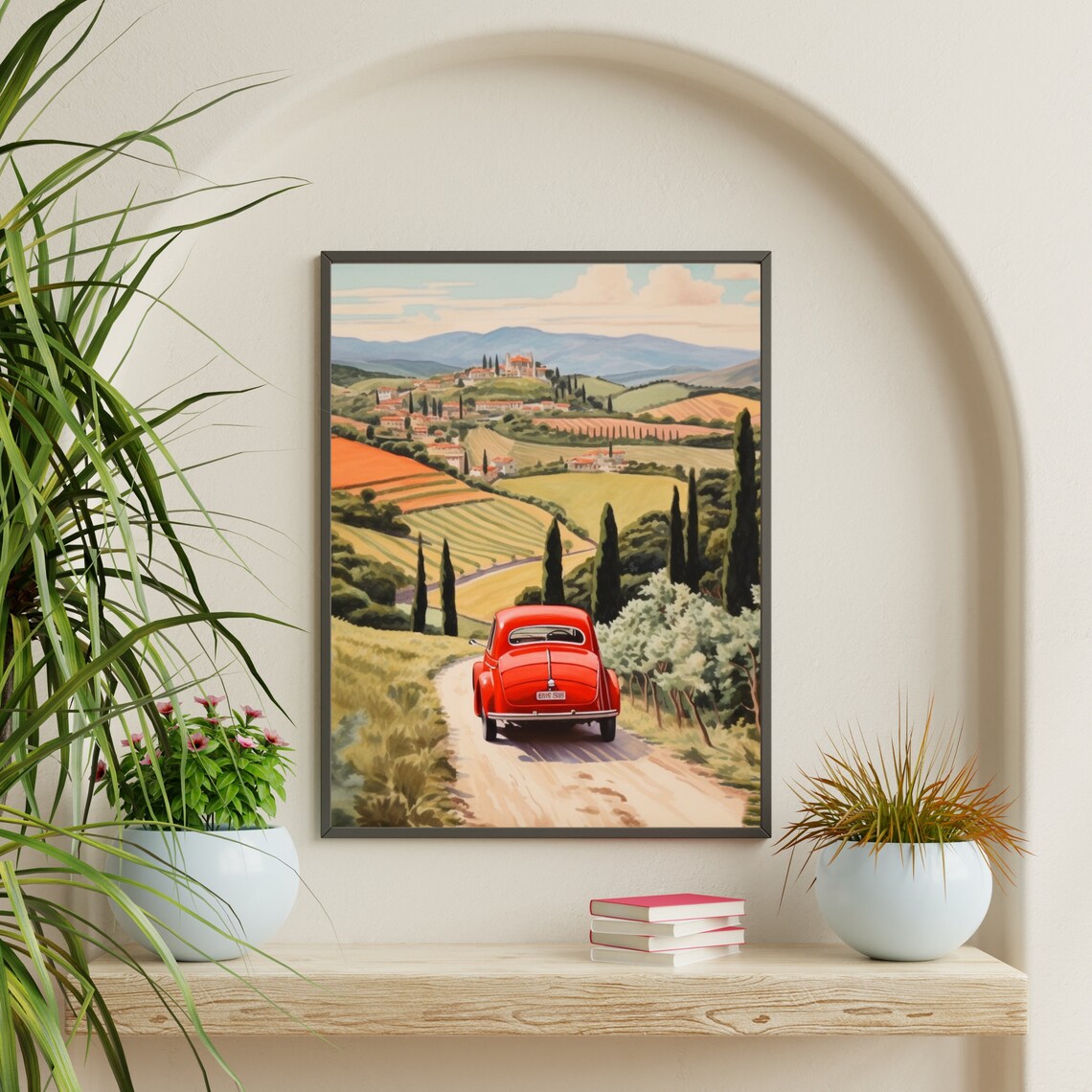 Red Vintage Car Tuscany Countryside Road Retro Travel Art Poster - Image 5