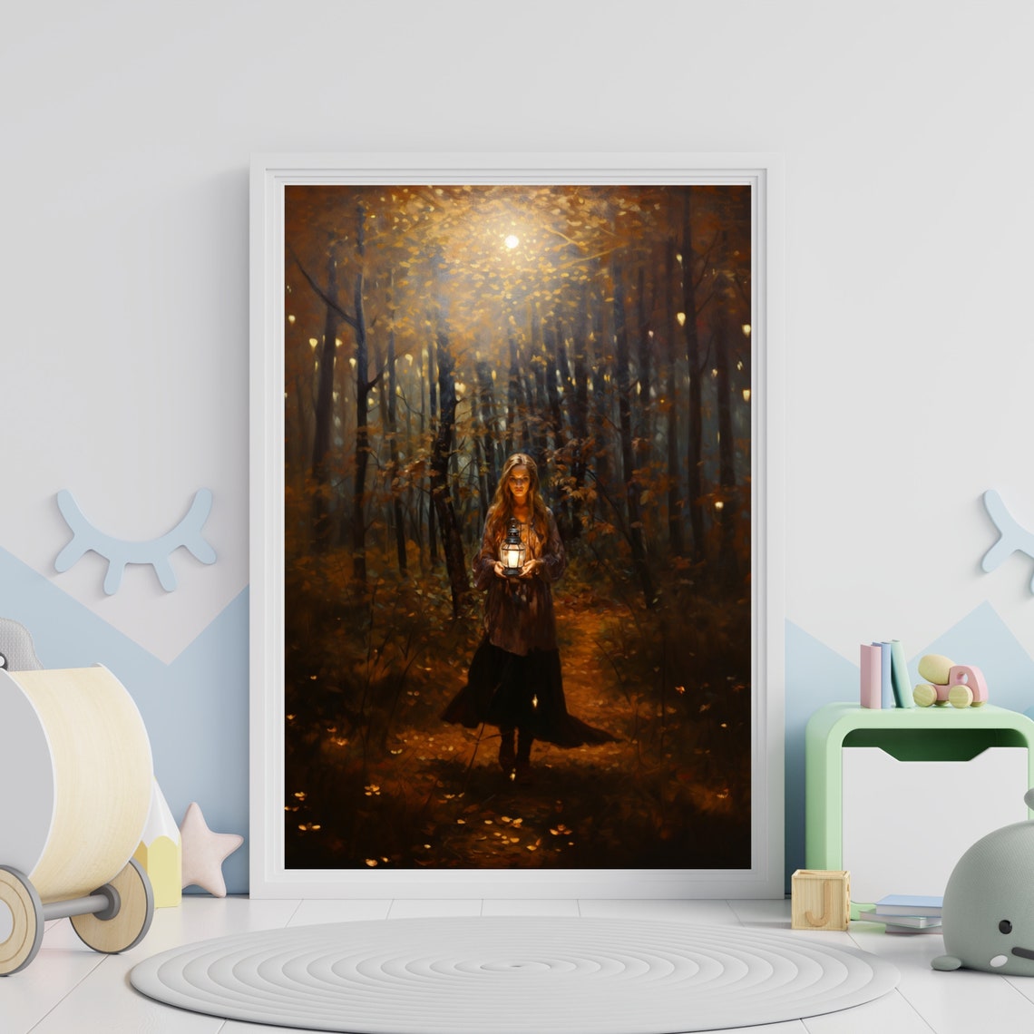 Woman Holding Lantern In Autumn Forest At Dusk Painting Poster - Image 4
