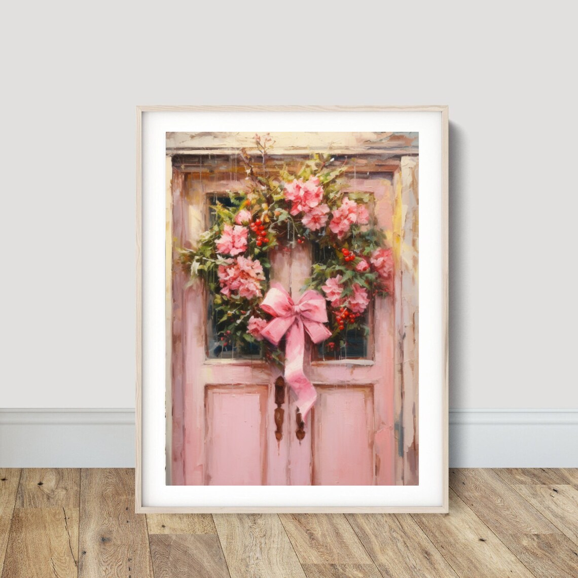 Pink Christmas Wreath With A Pink Bow On A Pink Wooden Door Poster - Image 6