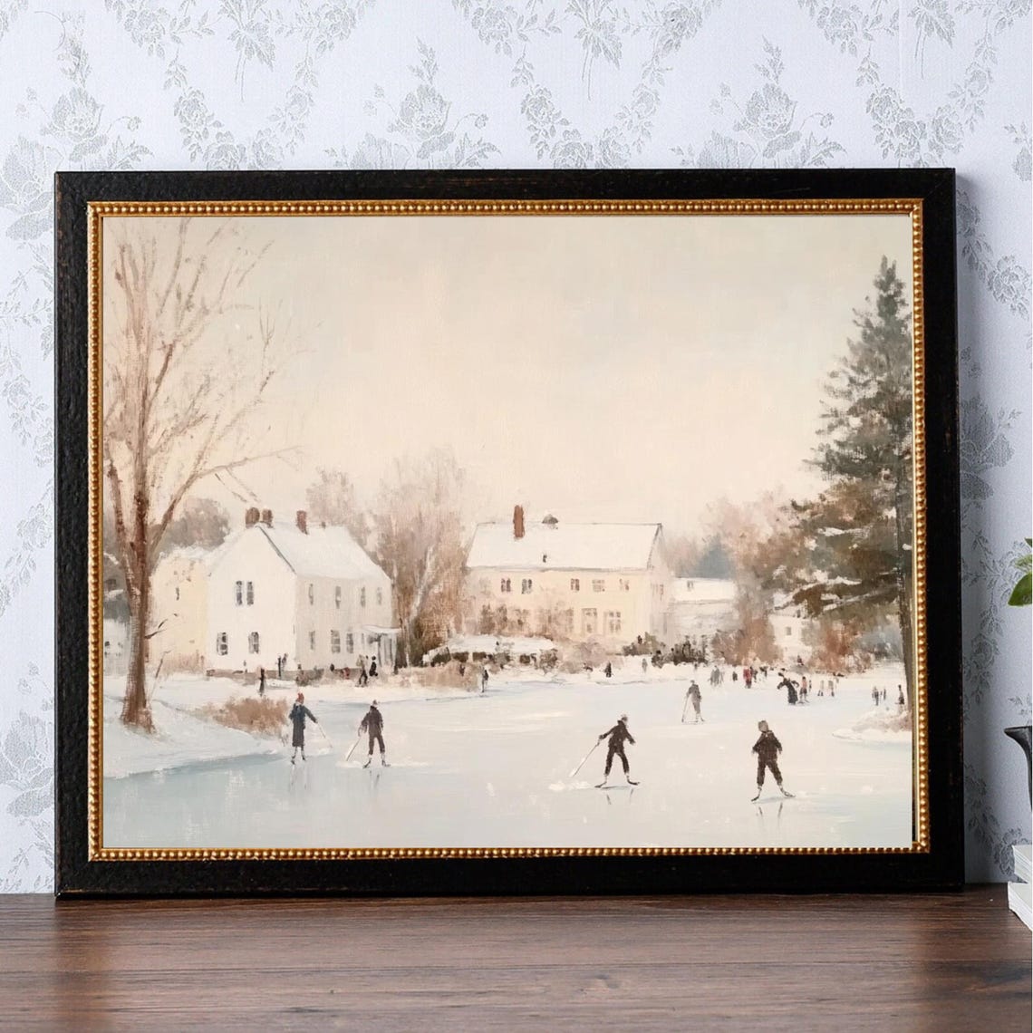 Ice Skaters Frozen Pond Manor Vintage Winter Landscape Art Poster - Image 5