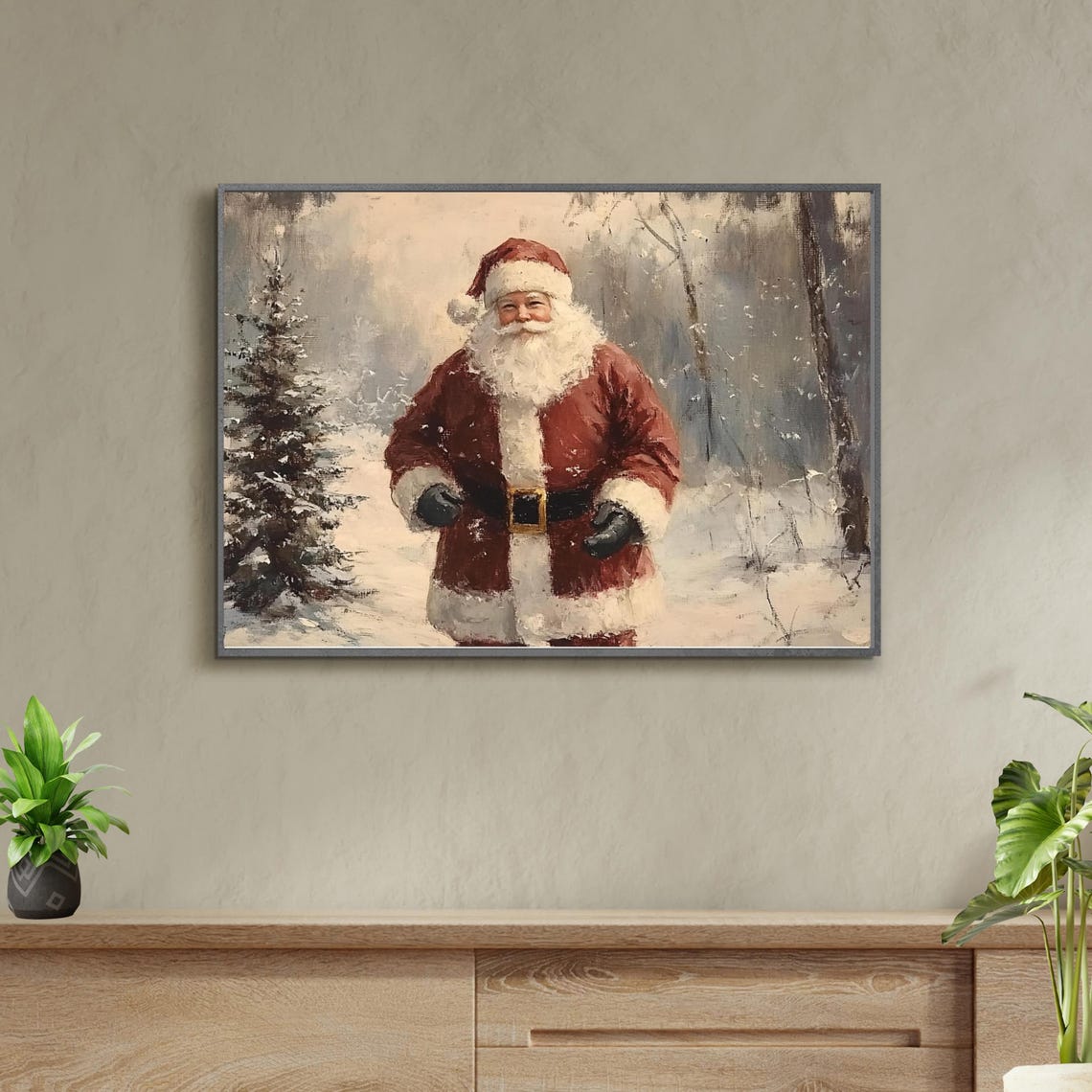 Vintage Santa Claus Walking Snowy Winter Forest Oil Art Poster - Image 5
