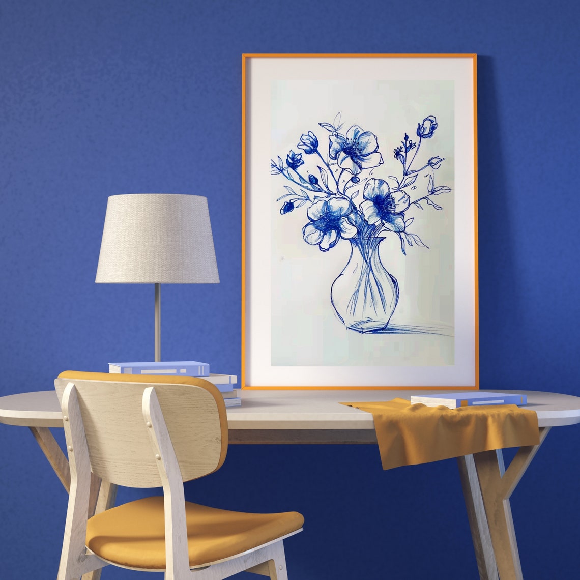 Blue Ink Sketch Wildflowers In Vase Minimalist Line Art Poster - Image 2