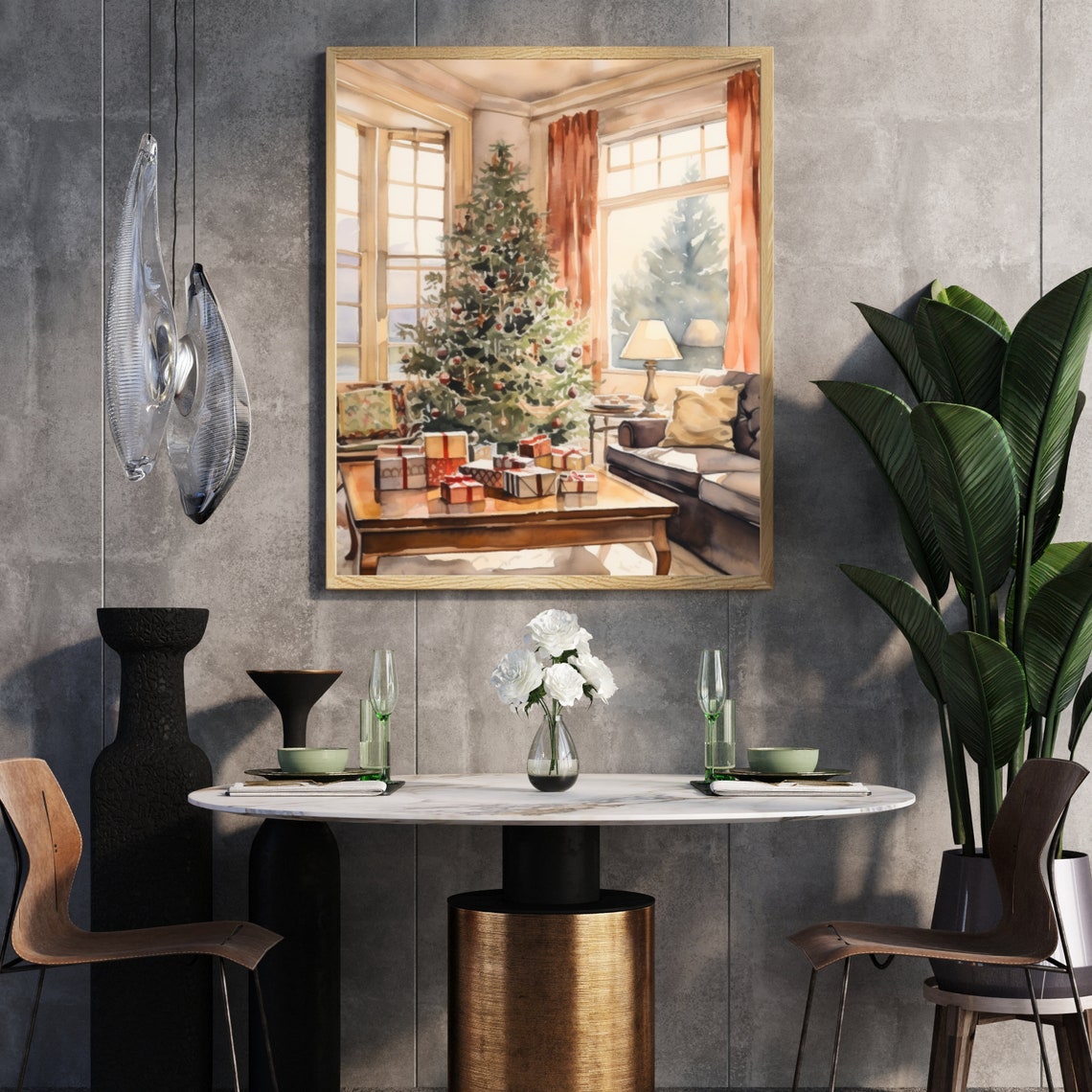 Watercolor Christmas Tree With Gifts In A Cozy Living Room Poster - Image 5
