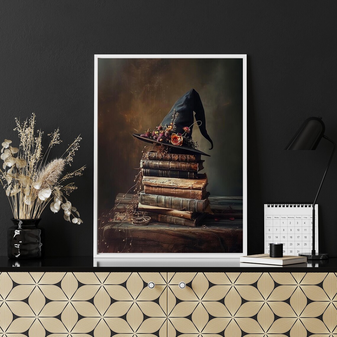 Witch Hat On Stack Of Antique Books Dark Halloween Painting Poster - Image 6