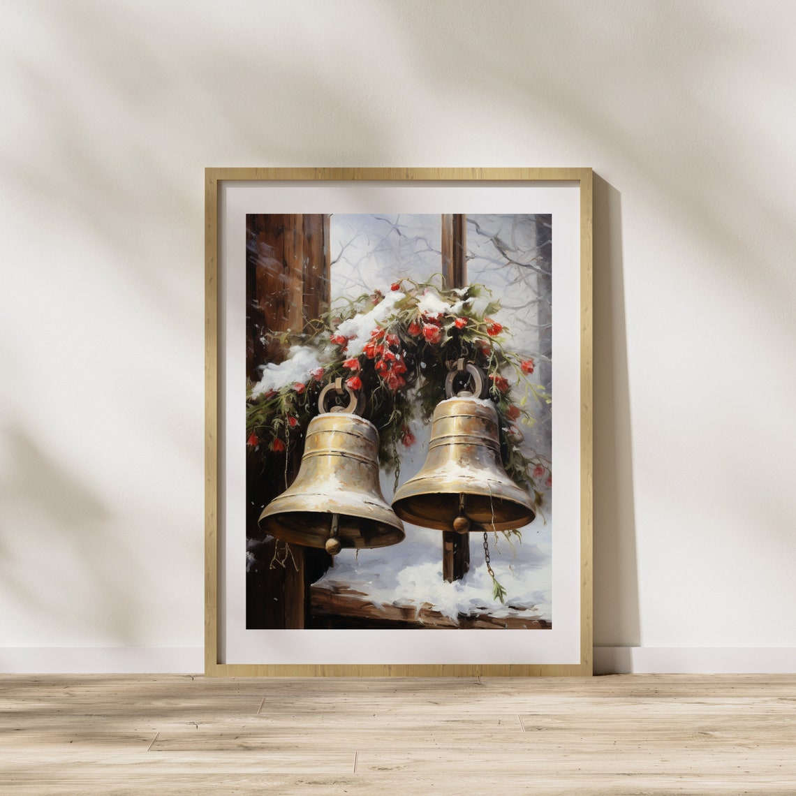 Brass Christmas Bells with Snow and Winterberries Painting Poster - Image 4