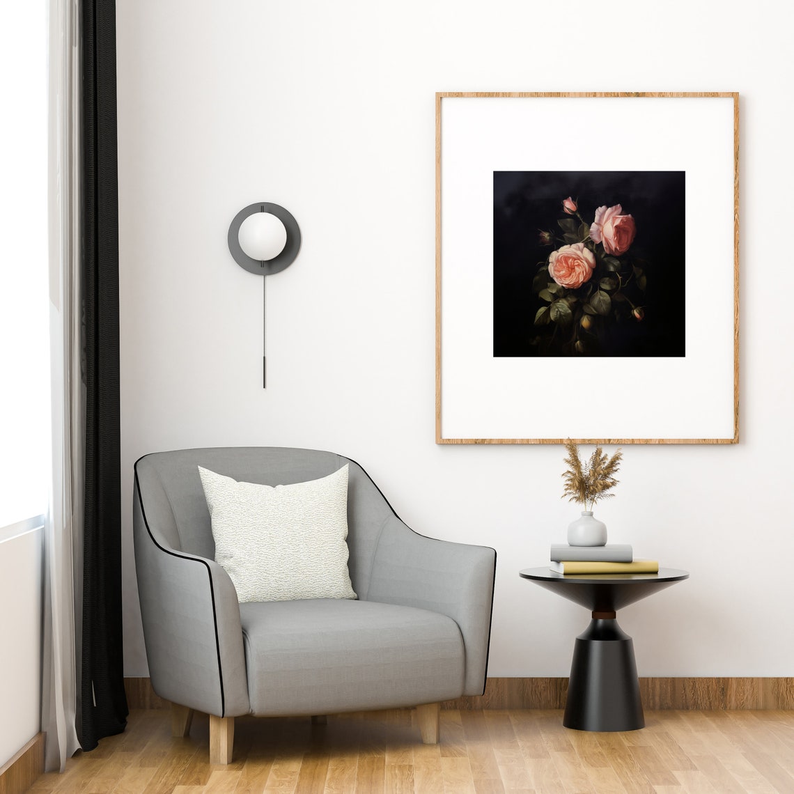 Moody Pink Roses On Black Dark Academia Floral Painting Poster - Image 4