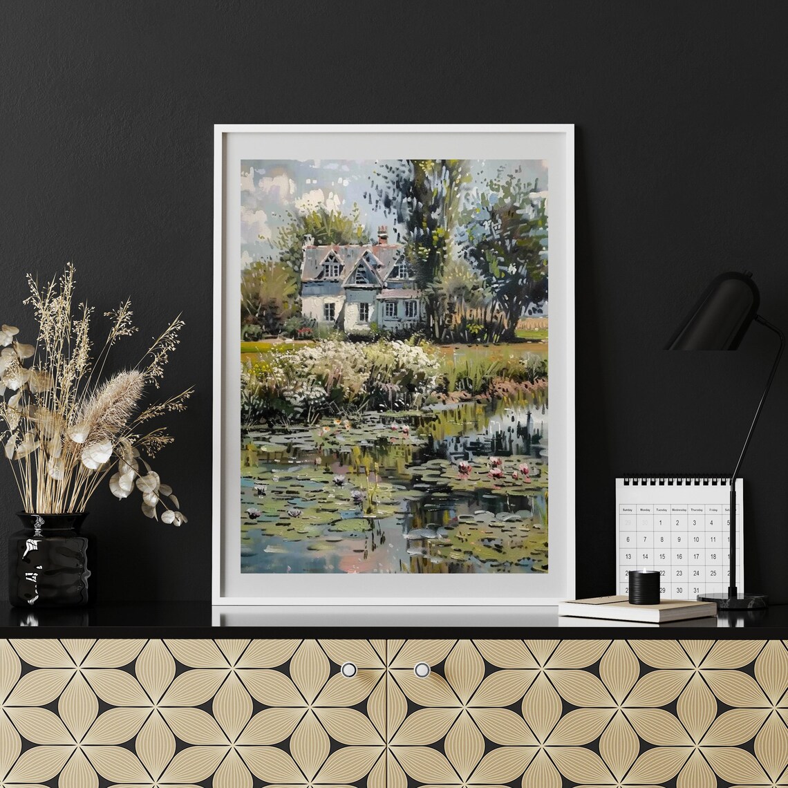 Country Cottage Beside Water Lily Pond Vintage Oil Art Poster - Image 2