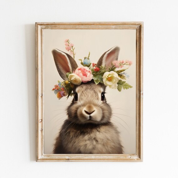 Bunny Rabbit With Floral Crown Cream Nursery Watercolor Portrait Poster