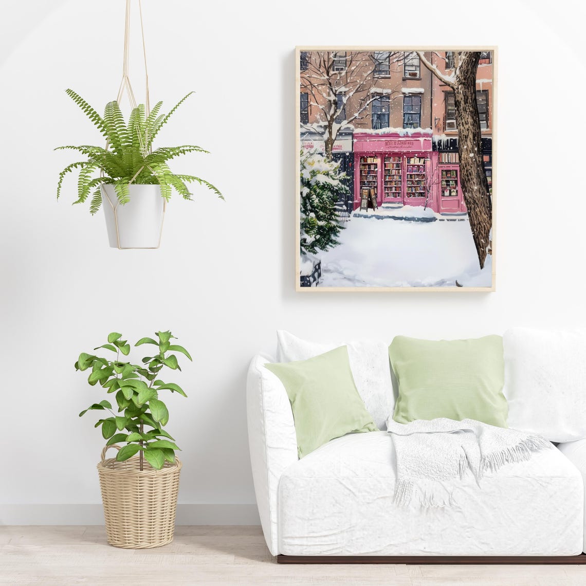 Charming Pink Bookstore On Snowy Winter Street Bookshop Art Poster - Image 6