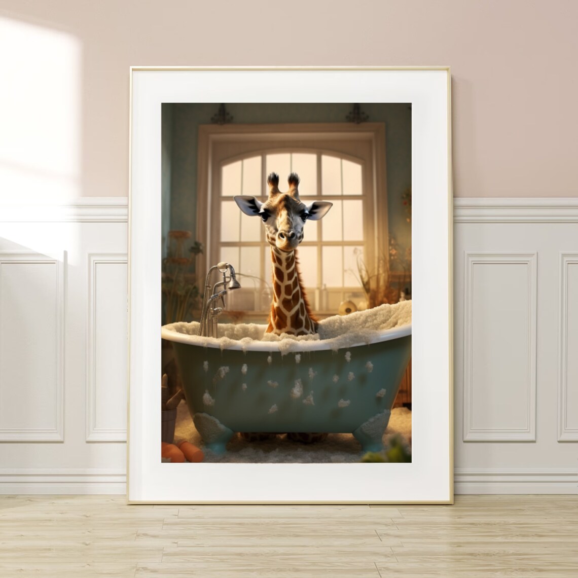 Funny Giraffe in Bubble Bathtub Whimsical Humor Bathroom Painting Poster