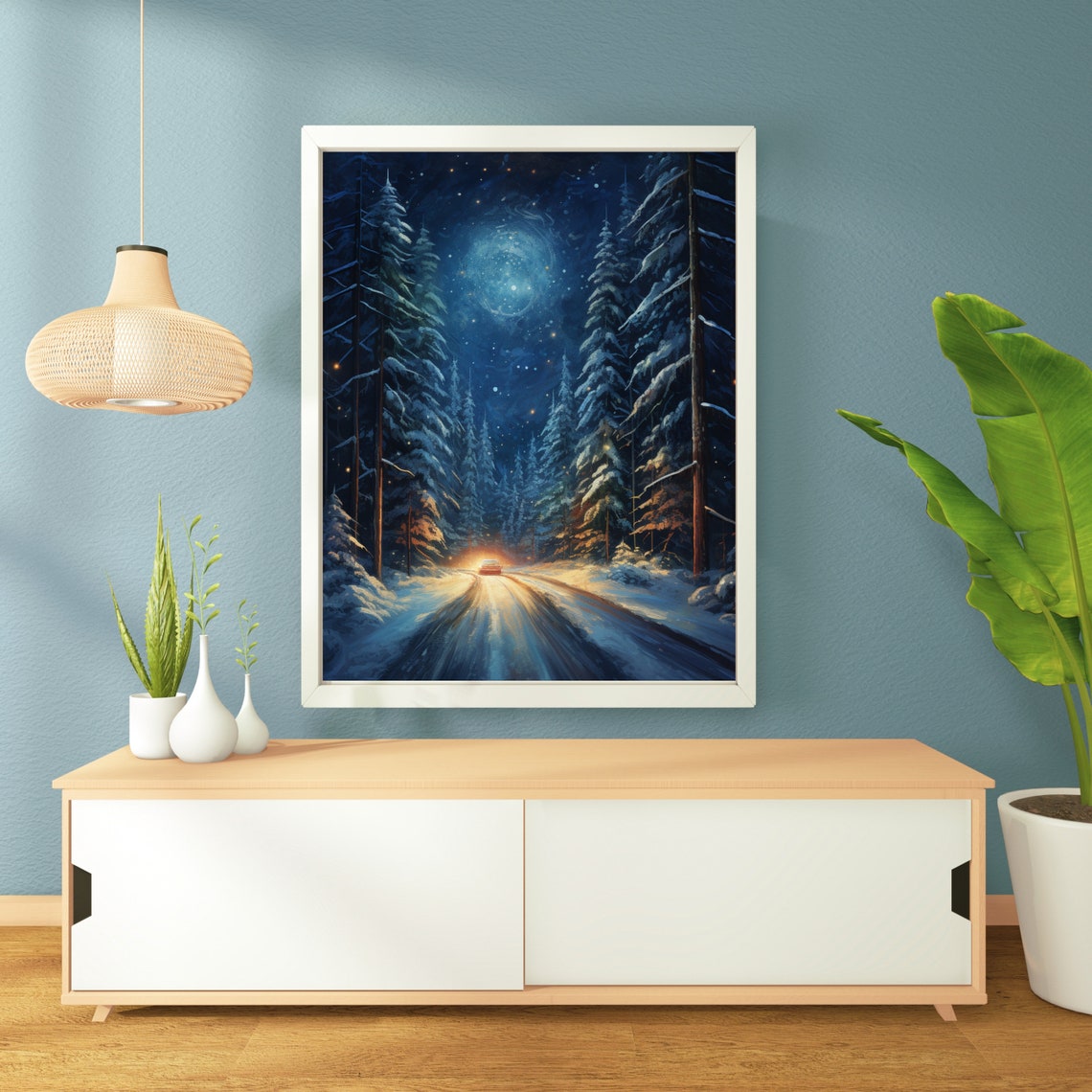 Starry Night Snowy Forest Road with Car Headlights Painting Poster - Image 6