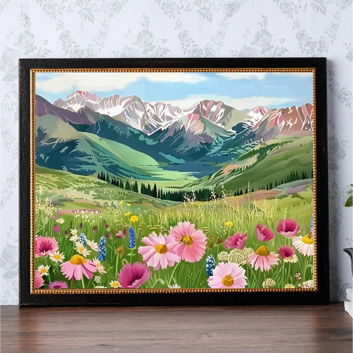 Alpine Wildflower Meadow Pink Daisy Mountain Landscape Art Poster - Image 2