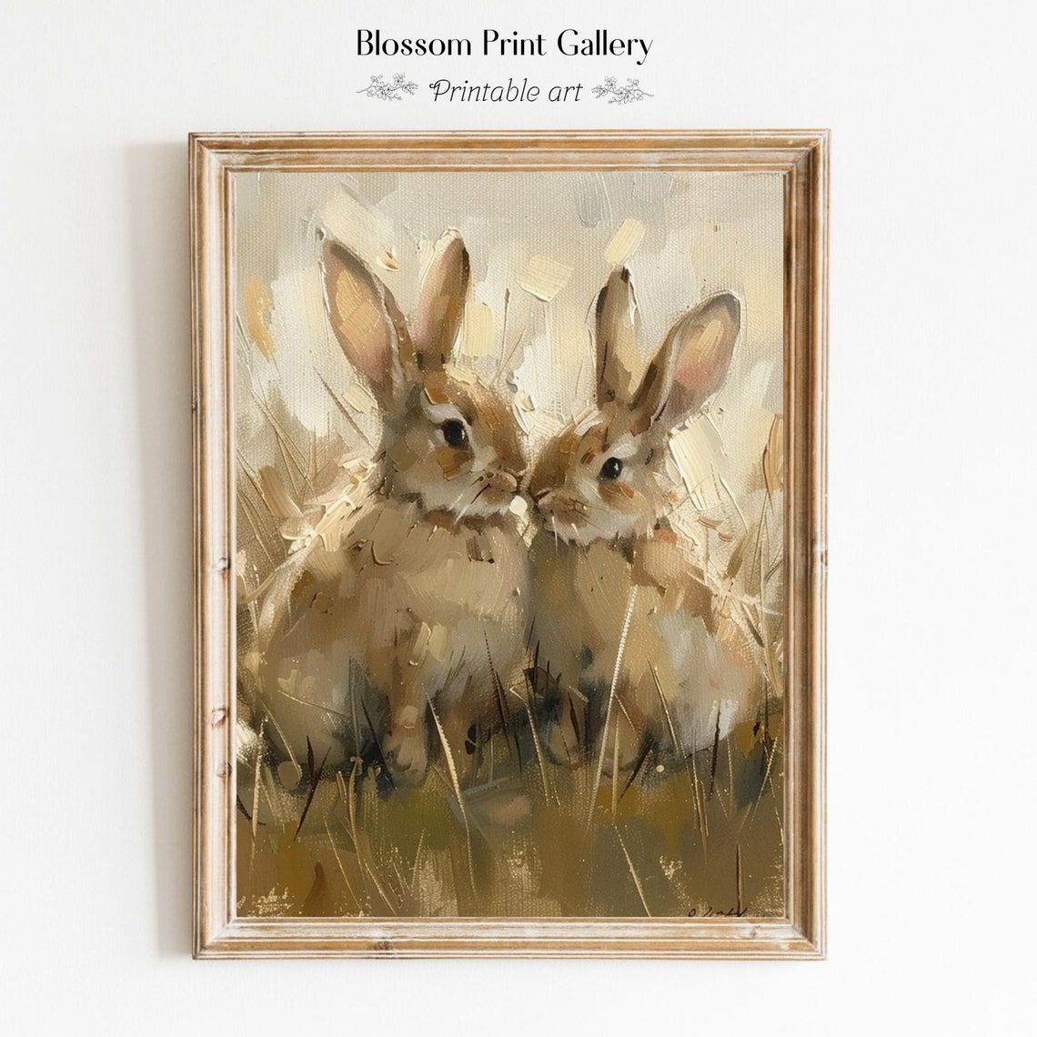 Two Cute Rabbits in Grass Impressionist Bunny Painting Nursery Poster