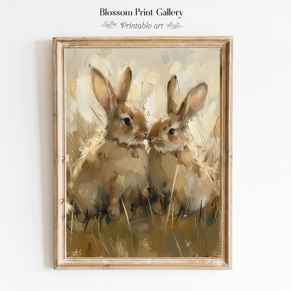 Two Cute Rabbits in Grass Impressionist Bunny Painting Nursery Poster