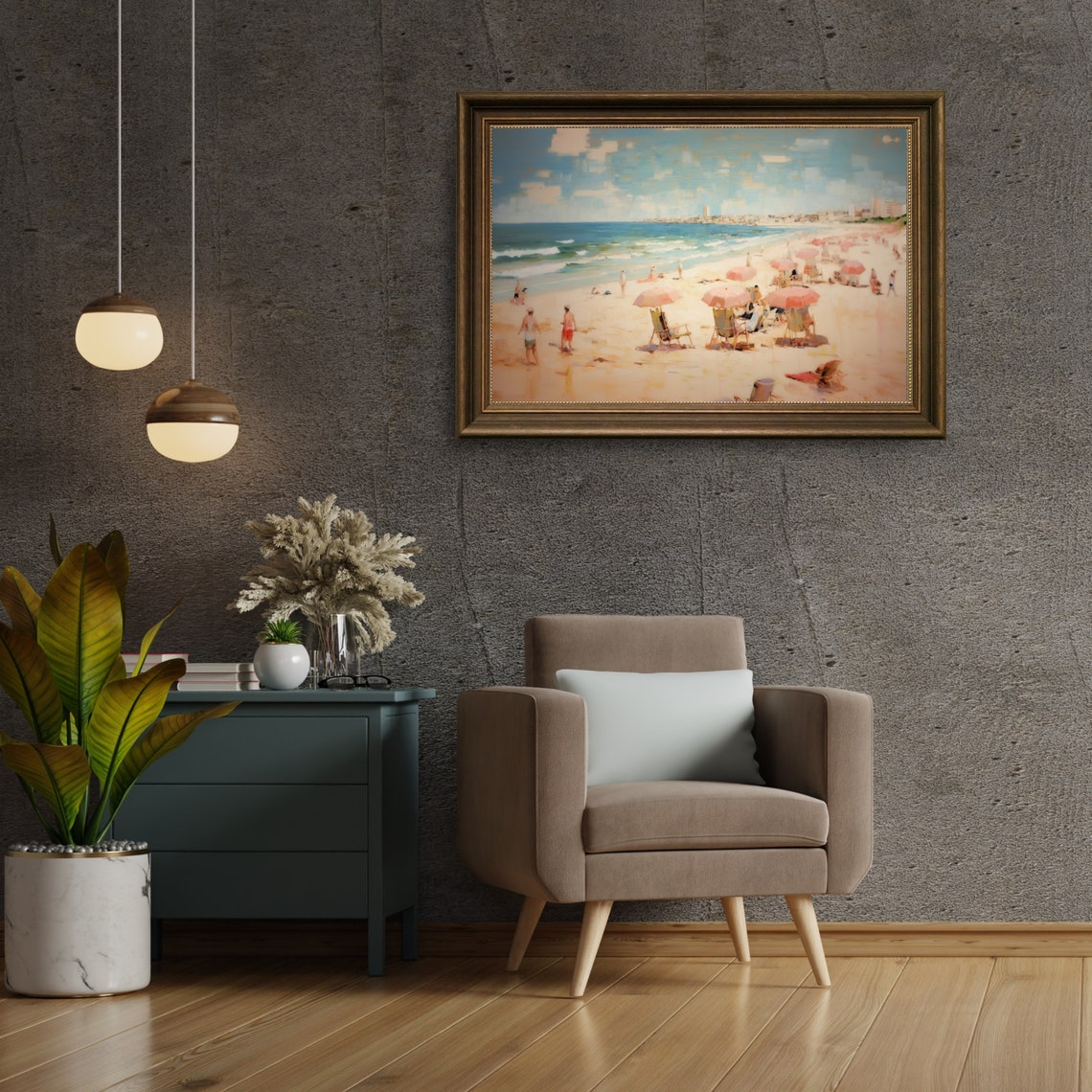 Busy Sandy Beach With Coral Umbrellas And Beach Chairs In Summer Print - Image 3