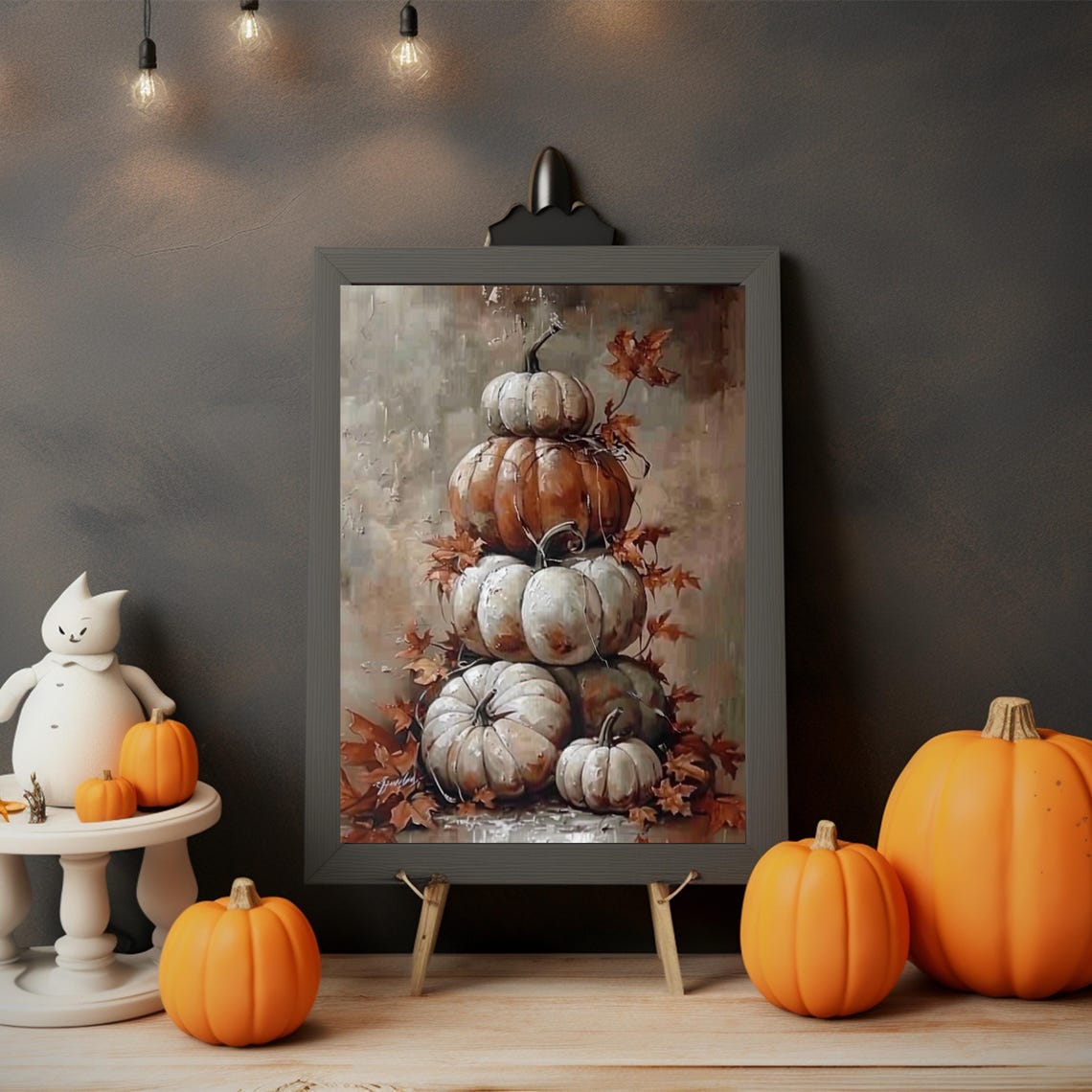 Stacked White Pumpkins Fall Harvest Still Life Oil Painting Poster - Image 5